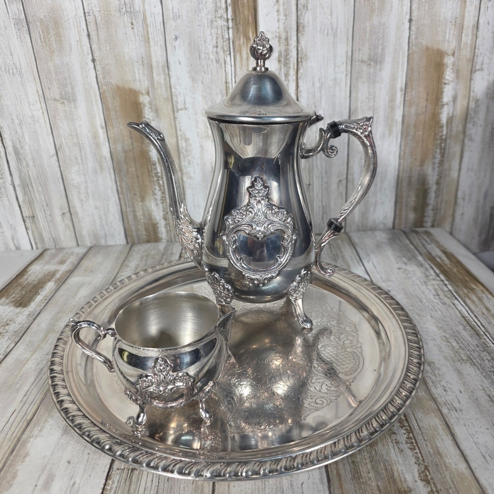 Leonard Silver Plated Tea Set 3pc Ornate Teapot Creamer and Etched Serving Tray - Picture 8 of 16